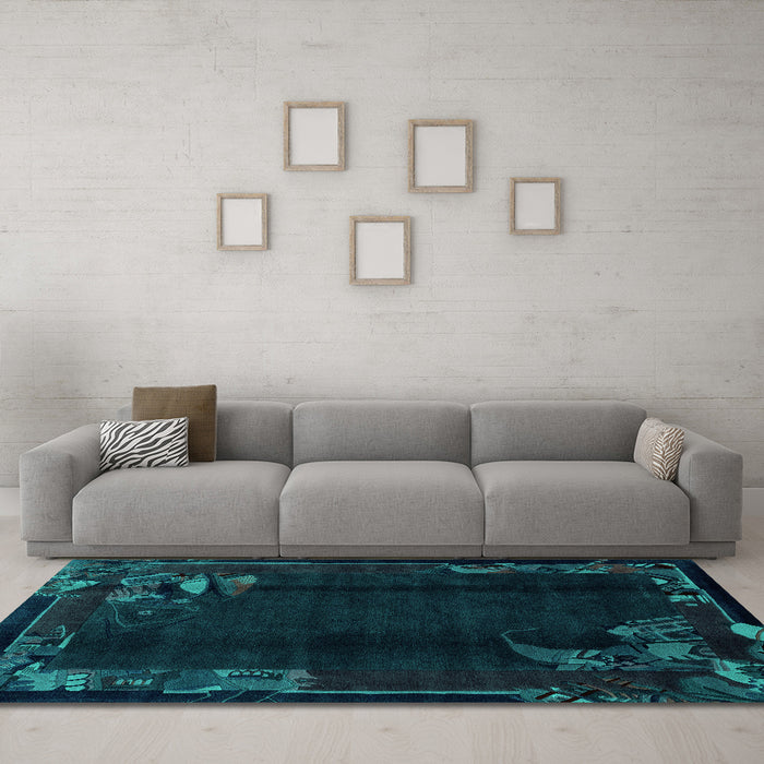 Machine Washable Abstract Turquoise Modern Area Rugs in a Living Room,, wshabs1904turq