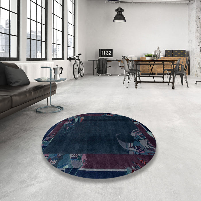 Round Machine Washable Abstract Night Blue Rug in a Office, wshabs1904