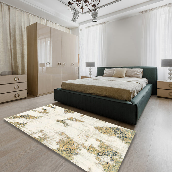 Machine Washable Abstract Champagne Beige Rug in a Bedroom, wshabs1913