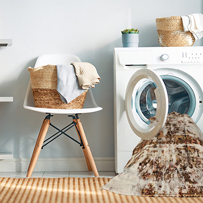 Machine Washable Abstract Light Brown Rug in a Washing Machine, wshabs1942