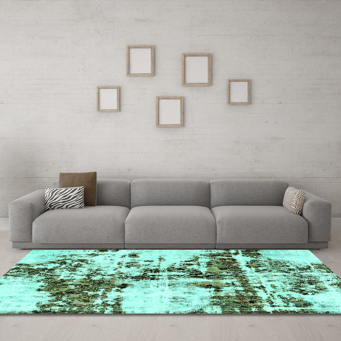 Machine Washable Abstract Turquoise Modern Area Rugs in a Living Room,, wshabs1942turq