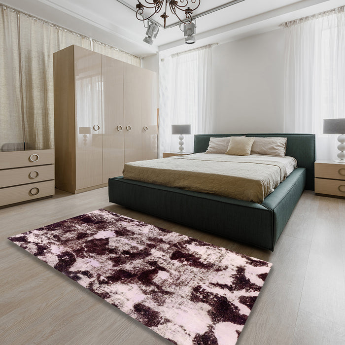 Machine Washable Abstract Vermilion Red Rug in a Bedroom, wshabs1943