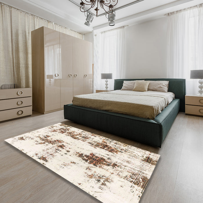 Machine Washable Abstract Blanched Almond Beige Rug in a Bedroom, wshabs1944