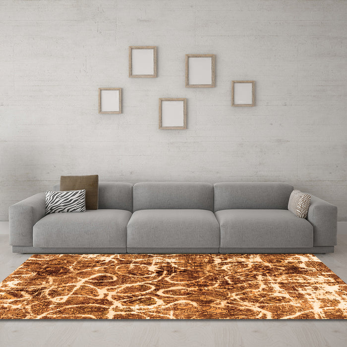 Machine Washable Abstract Orange Modern Area Rugs in a Living Room, wshabs1945org
