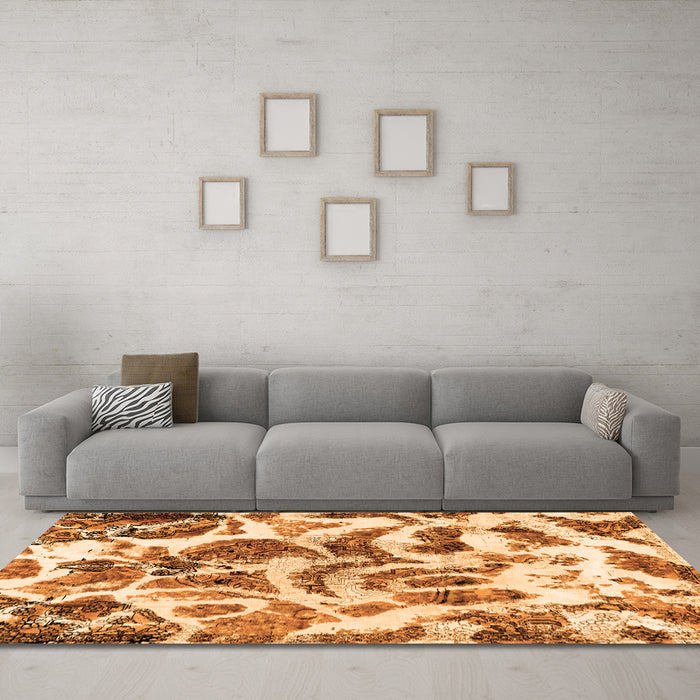 Machine Washable Abstract Orange Modern Area Rugs in a Living Room, wshabs1948org