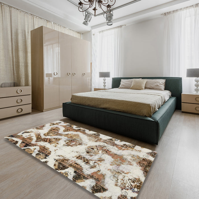 Machine Washable Abstract Dark Gold Brown Rug in a Bedroom, wshabs1952