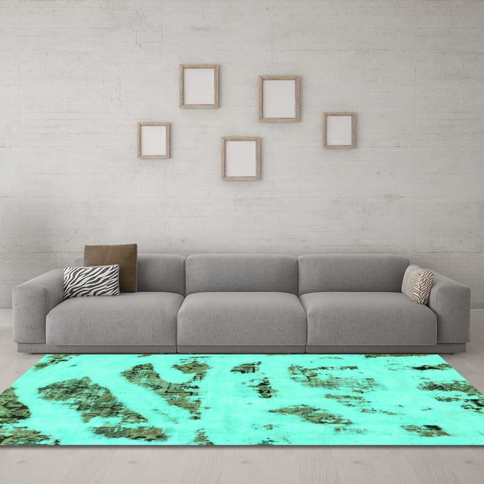 Machine Washable Abstract Turquoise Modern Area Rugs in a Living Room,, wshabs1953turq