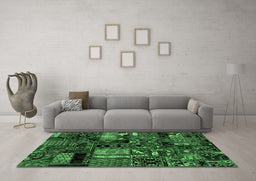Machine Washable Patchwork Emerald Green Transitional Area Rugs in a Living Room,, wshabs1956emgrn