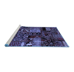Sideview of Machine Washable Patchwork Blue Transitional Rug, wshabs1956blu