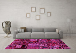 Machine Washable Patchwork Pink Transitional Rug in a Living Room, wshabs1956pnk
