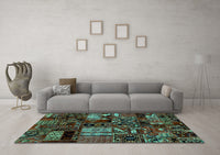 Machine Washable Patchwork Turquoise Transitional Rug, wshabs1956turq