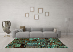 Machine Washable Patchwork Turquoise Transitional Area Rugs in a Living Room,, wshabs1956turq