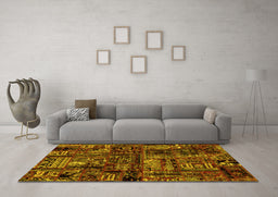 Machine Washable Patchwork Yellow Transitional Rug in a Living Room, wshabs1957yw