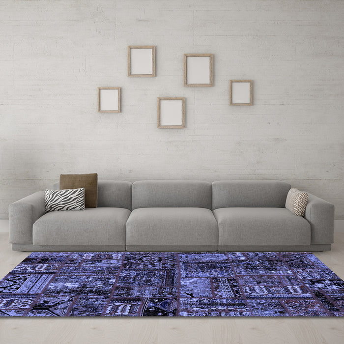 Machine Washable Patchwork Blue Transitional Rug in a Living Room, wshabs1957blu
