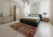 Abstract Dark Gold Brown Patchwork Rug in a Bedroom, abs1957