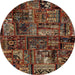 Round Abstract Dark Gold Brown Patchwork Rug, abs1957