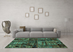 Machine Washable Patchwork Turquoise Transitional Area Rugs in a Living Room,, wshabs1957turq