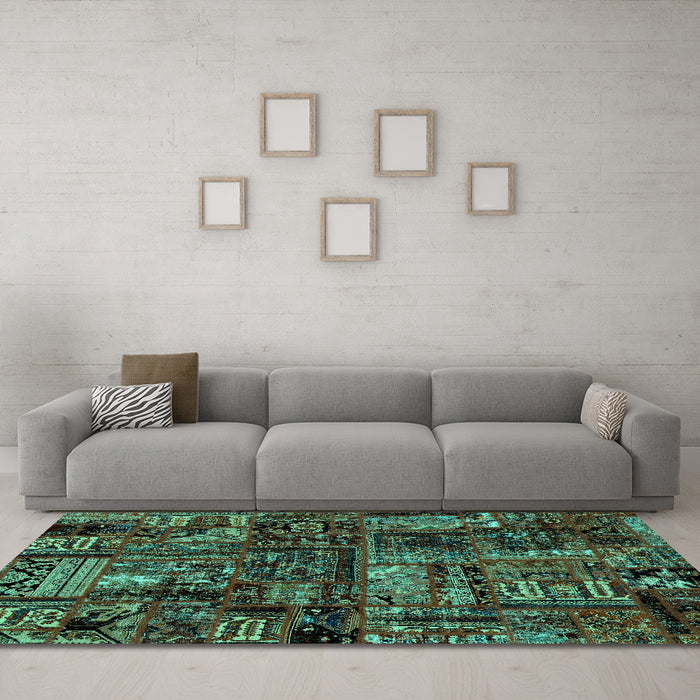 Machine Washable Patchwork Turquoise Transitional Area Rugs in a Living Room,, wshabs1957turq