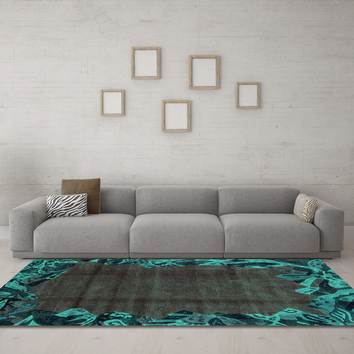 Machine Washable Abstract Turquoise Modern Area Rugs in a Living Room,, wshabs1960turq