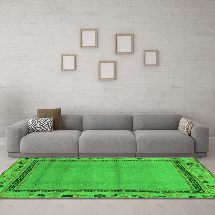 Machine Washable Oriental Green Asian Inspired Area Rugs in a Living Room,, wshabs1961grn
