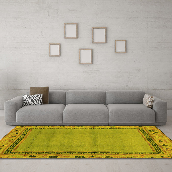 Machine Washable Oriental Yellow Asian Inspired Rug in a Living Room, wshabs1961yw