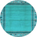 Round Machine Washable Oriental Light Blue Asian Inspired Rug, wshabs1961lblu