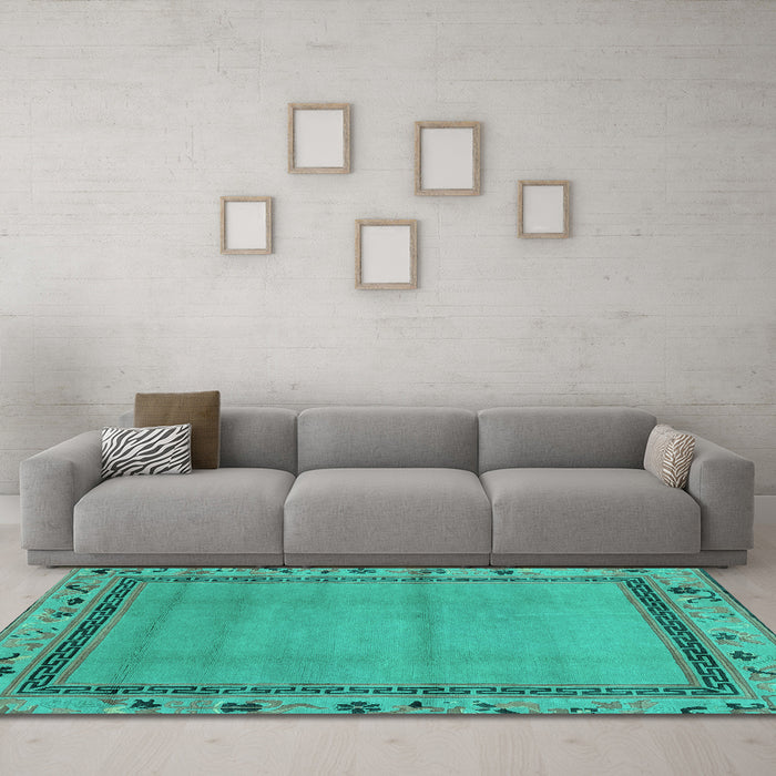 Machine Washable Oriental Turquoise Asian Inspired Area Rugs in a Living Room,, wshabs1961turq