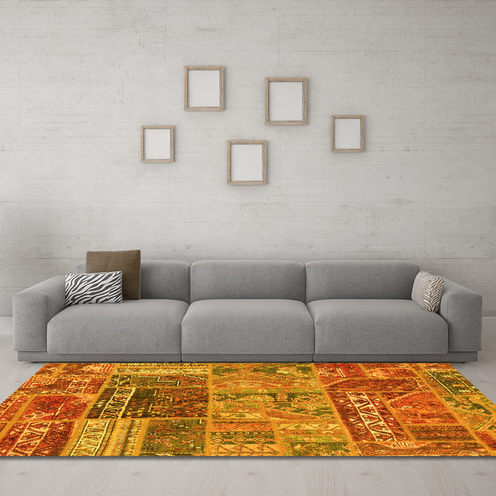 Machine Washable Patchwork Yellow Transitional Rug in a Living Room, wshabs1963yw