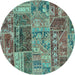 Round Machine Washable Patchwork Turquoise Transitional Area Rugs, wshabs1963turq