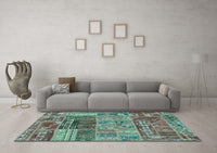 Machine Washable Patchwork Turquoise Transitional Rug, wshabs1963turq