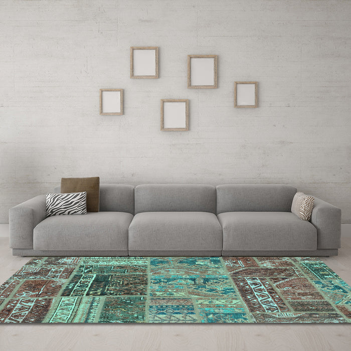 Machine Washable Patchwork Turquoise Transitional Area Rugs in a Living Room,, wshabs1963turq