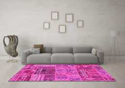 Machine Washable Patchwork Pink Transitional Rug in a Living Room, wshabs1963pnk