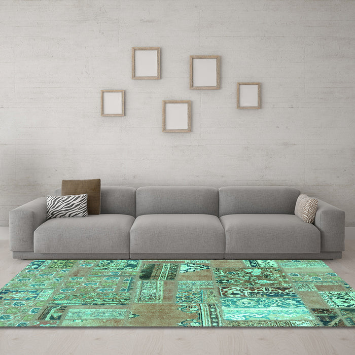 Machine Washable Patchwork Turquoise Transitional Area Rugs in a Living Room,, wshabs1964turq