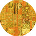 Round Machine Washable Patchwork Yellow Transitional Rug, wshabs1964yw