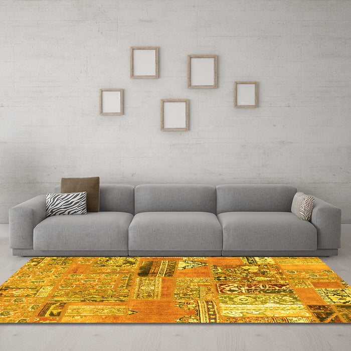 Machine Washable Patchwork Yellow Transitional Rug in a Living Room, wshabs1964yw