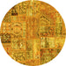 Round Machine Washable Patchwork Yellow Transitional Rug, wshabs1965yw