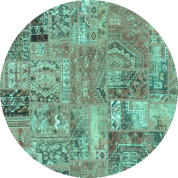 Round Machine Washable Patchwork Turquoise Transitional Area Rugs, wshabs1965turq