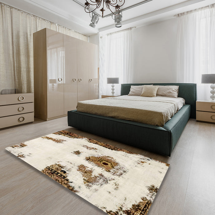 Machine Washable Abstract Gold Rug in a Bedroom, wshabs1974