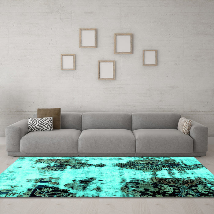 Machine Washable Abstract Turquoise Modern Area Rugs in a Living Room,, wshabs1976turq