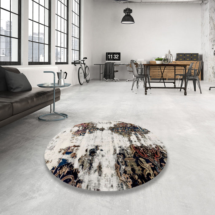 Round Machine Washable Abstract Dark White Beige Rug in a Office, wshabs1976
