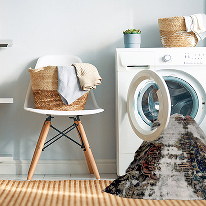 Machine Washable Abstract Dark White Beige Rug in a Washing Machine, wshabs1976