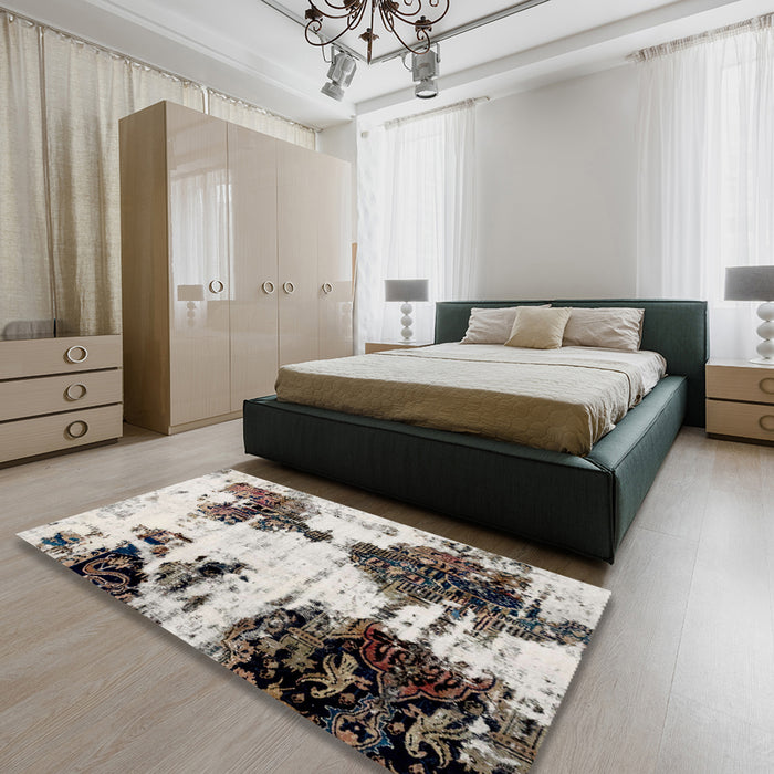 Abstract Dark White Beige Modern Rug in a Bedroom, abs1976