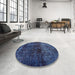 Round Machine Washable Abstract Silk Blue Rug in a Office, wshabs1977