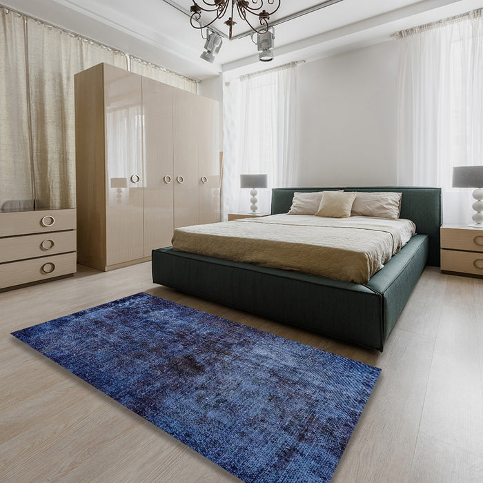 Machine Washable Abstract Silk Blue Rug in a Bedroom, wshabs1977