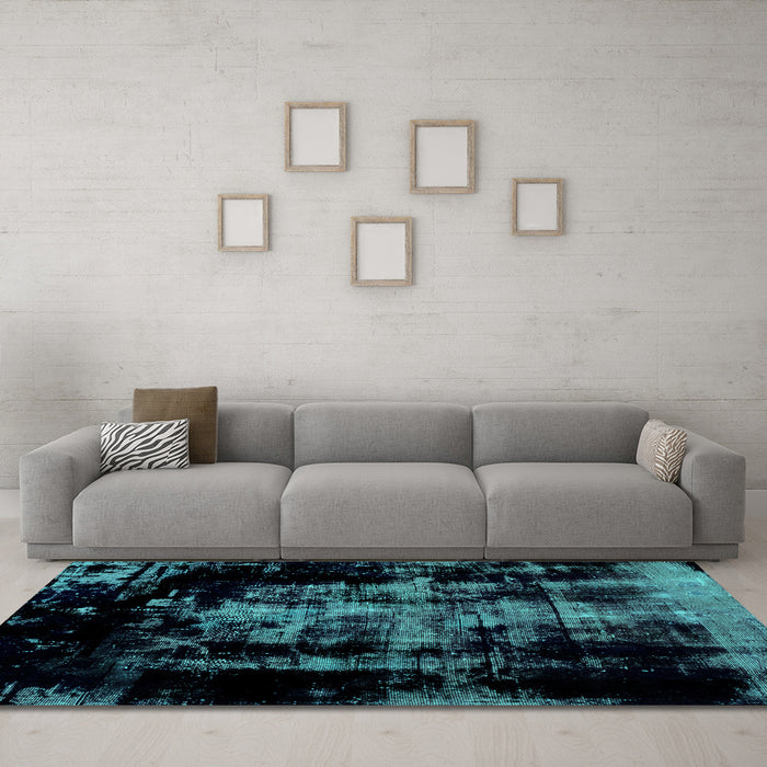 Machine Washable Abstract Turquoise Modern Area Rugs in a Living Room,, wshabs1981turq