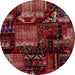 Round Abstract Cranberry Red Patchwork Rug, abs1984