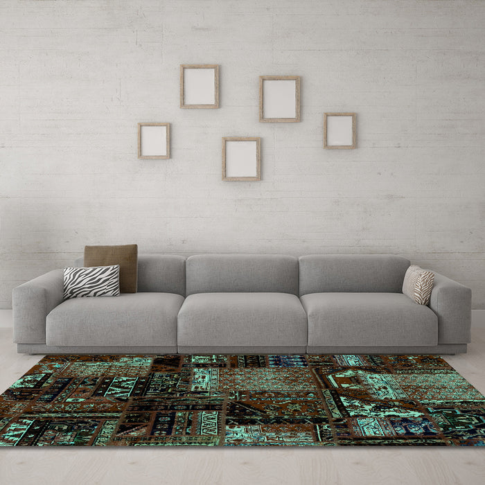 Machine Washable Patchwork Turquoise Transitional Area Rugs in a Living Room,, wshabs1984turq