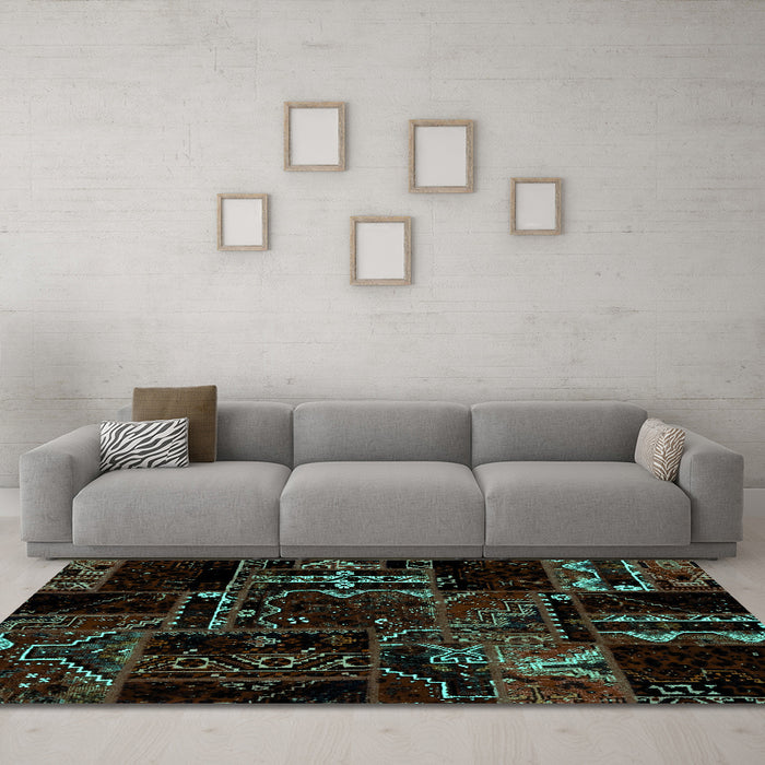 Machine Washable Patchwork Turquoise Transitional Area Rugs in a Living Room,, wshabs1985turq