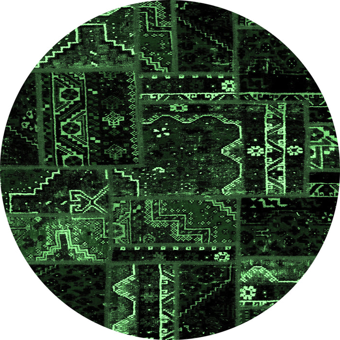 Round Machine Washable Patchwork Emerald Green Transitional Area Rugs, wshabs1985emgrn