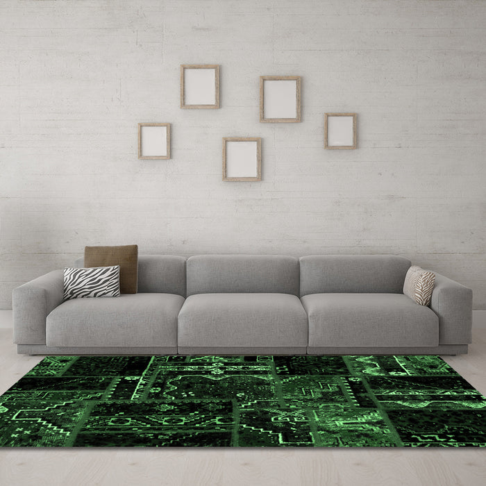 Machine Washable Patchwork Emerald Green Transitional Area Rugs in a Living Room,, wshabs1985emgrn
